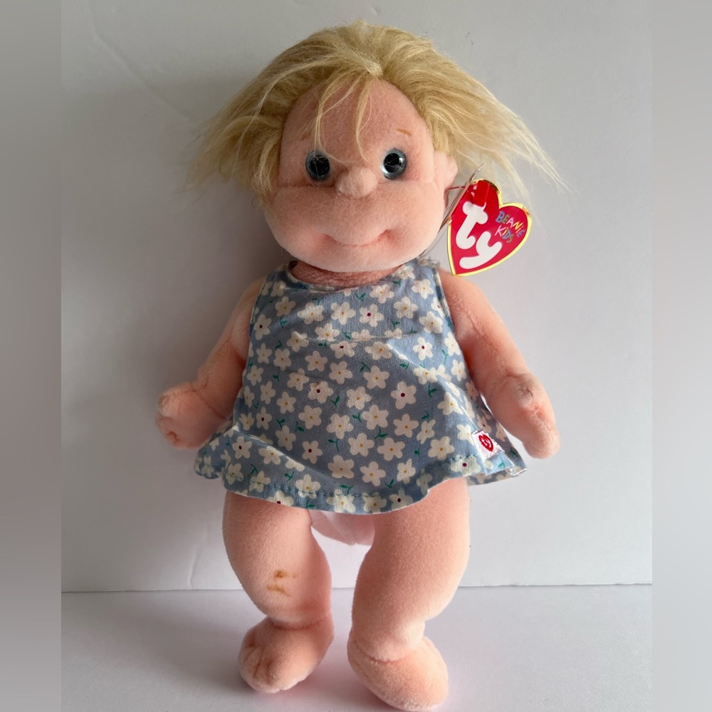 Ty Plush Doll Blonde Hair Blue Floral Dress Peach Skin
